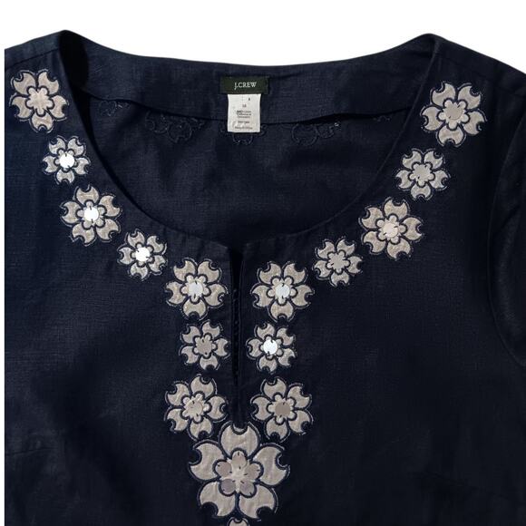 J. CREW 100% Linen Tunic Top Blouse M/10 Artsy‎ Floral Applique Long 3/4 Sleeves - Picture 4 of 11